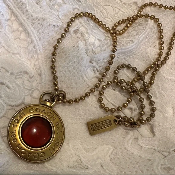 Coach Logo Pendant In Gold Tone with Amber Glass Center on Gold Tone Chain - Picture 16 of 16